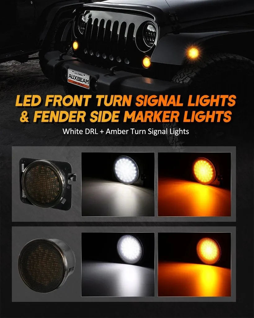 Enhanced Set for Jeep Wrangler JK: 7 LED Headlight with Halo Ring, 4 LED Fog Light, Front Turn Signal, and Fender Flares Side Marker Light