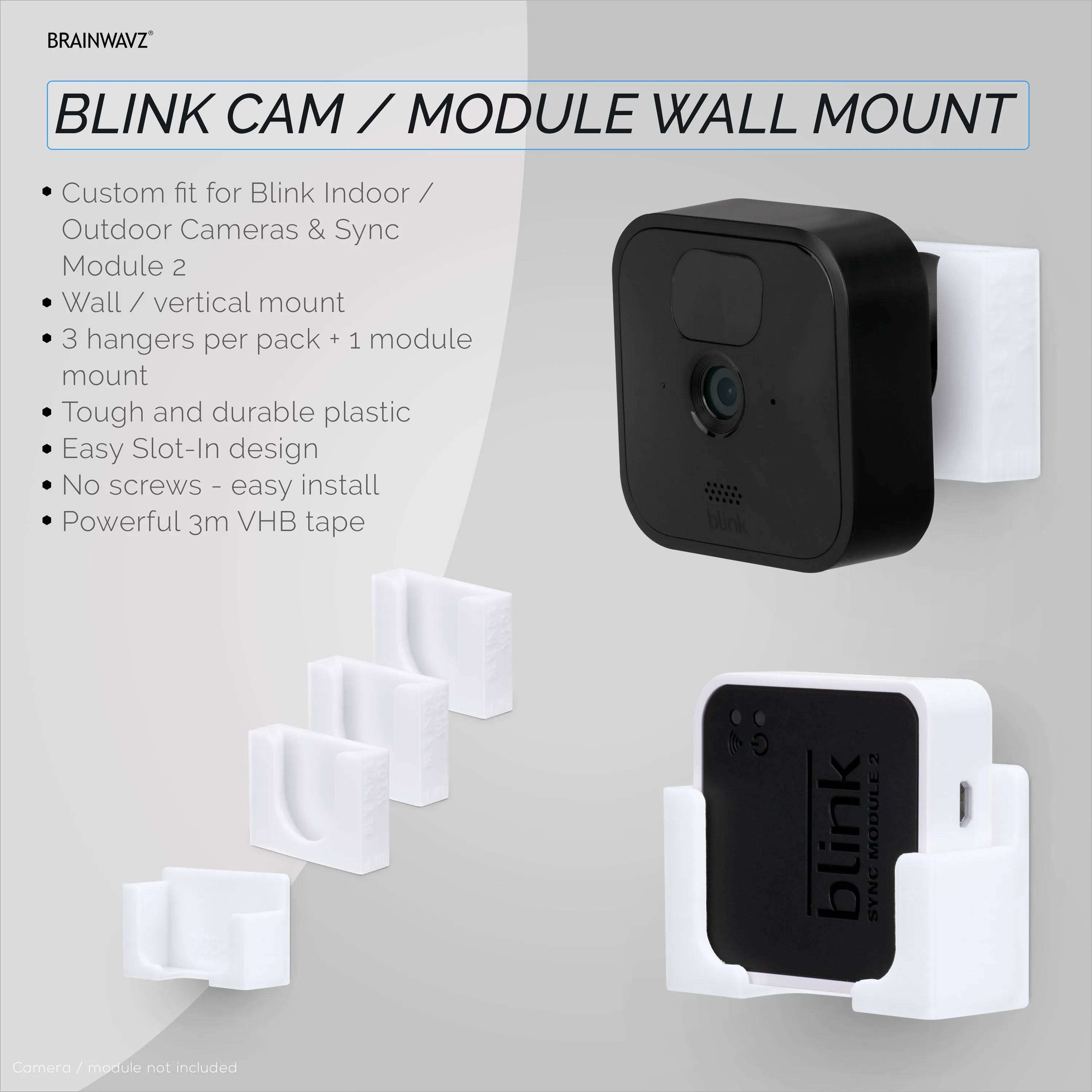 Adhesive Blink Outdoor Indoor (3rd Gen) & Sync Module Camera Mount, 3 1 Pack Holder, No Hassle Installation, No Screws, No Mess Bracket Stand