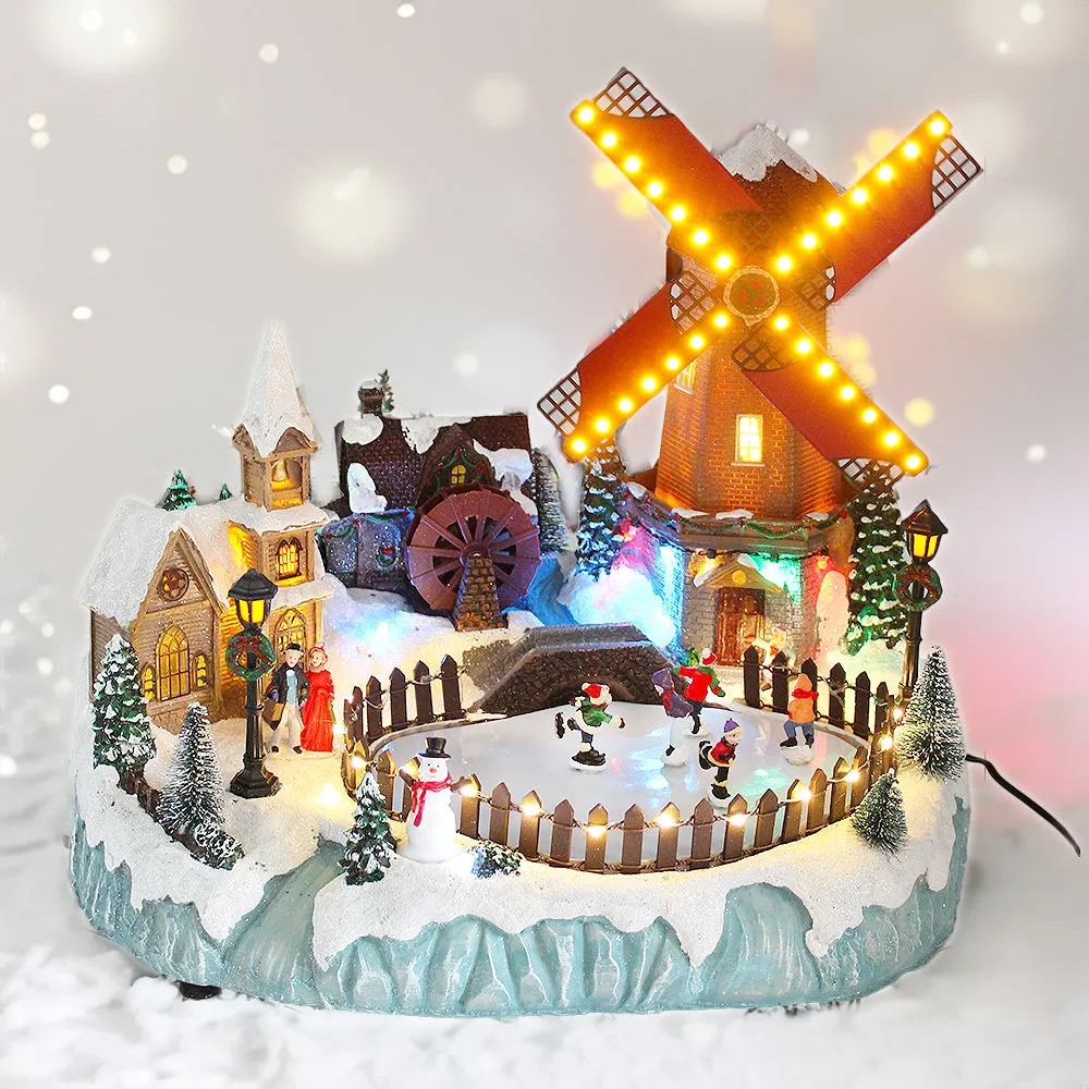 Animated Christmas Village Moving Windmill Skaters Waterwheel LED Lights Music