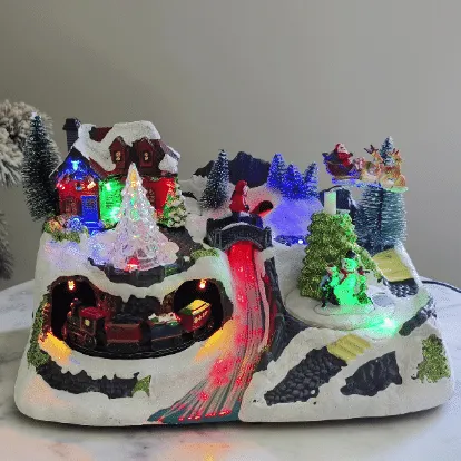 Animated Christmas Village Multicolored Galaxy River with Rotating Train and Reindeer