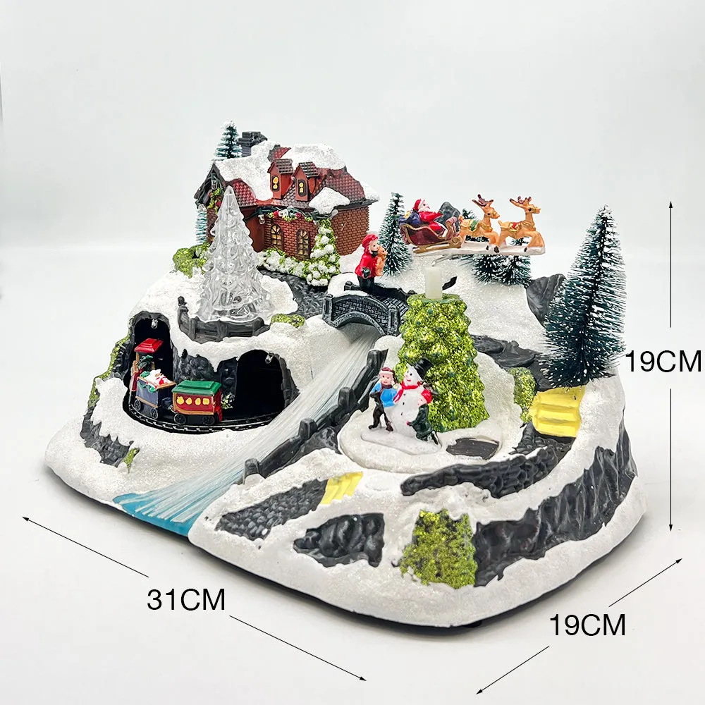 Animated Christmas Village Multicolored Galaxy River with Rotating Train and Reindeer