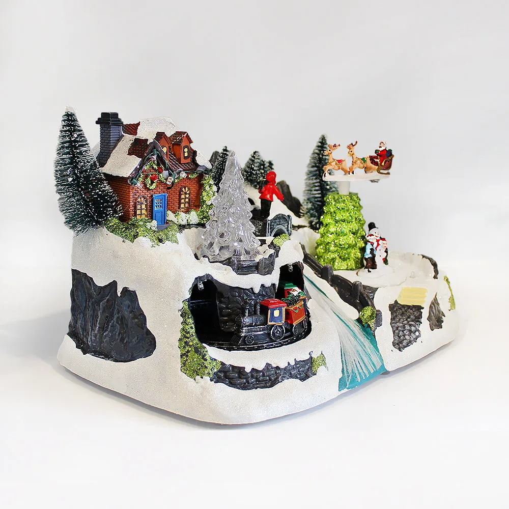 Animated Christmas Village Multicolored Galaxy River with Rotating Train and Reindeer