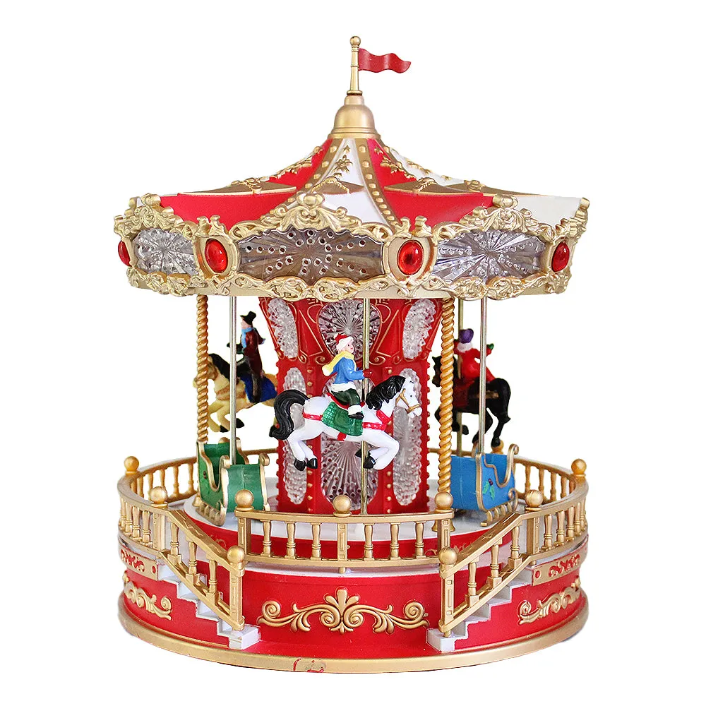 Animated Christmas Village Rotating Carousel Colorful LED Lights Music