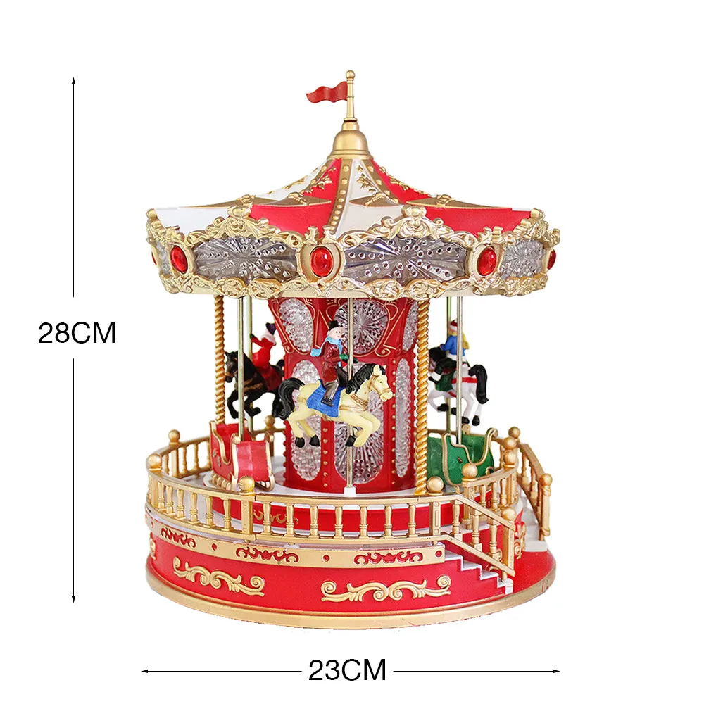 Animated Christmas Village Rotating Carousel Colorful LED Lights Music