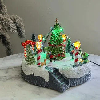 Animated Christmas Village Snowy Skating Rink Rotating Skaters Colorful LED Music