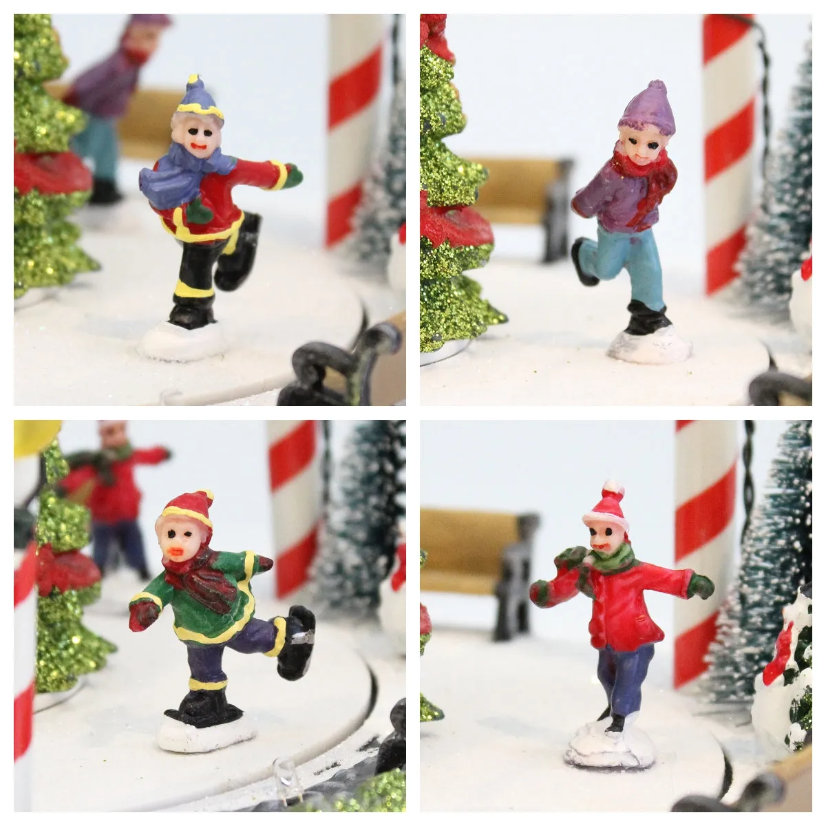 Animated Christmas Village Snowy Skating Rink Rotating Skaters Colorful LED Music