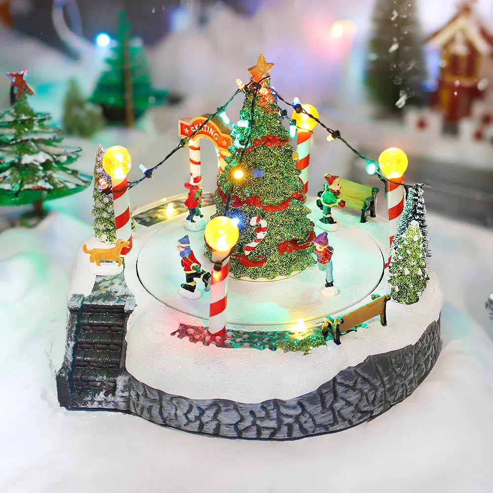 Animated Christmas Village Snowy Skating Rink Rotating Skaters Colorful LED Music