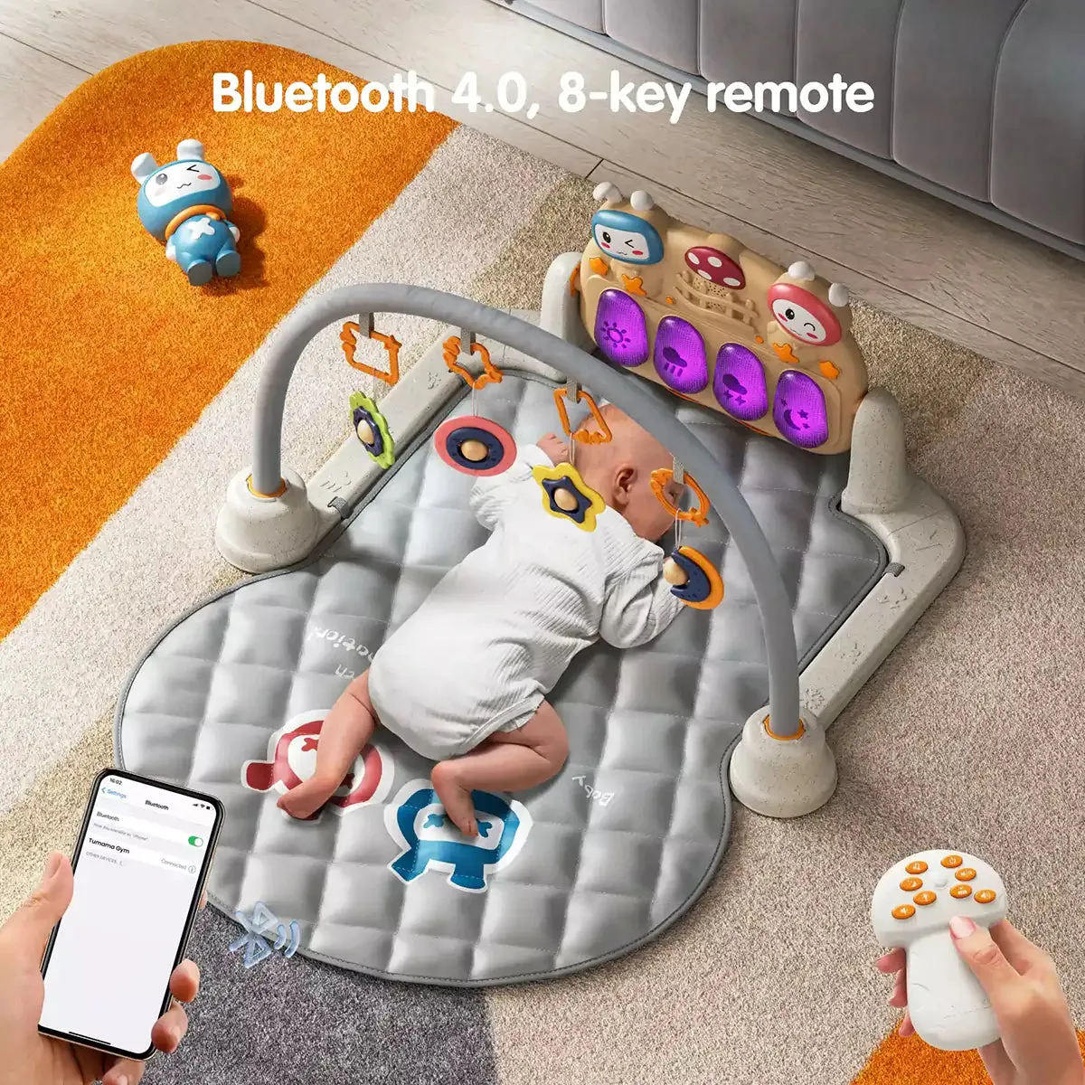 Baby gym playmat, floor play kick piano activity toy bluetooth sleep soother with music light for newborn baby 0 Month 