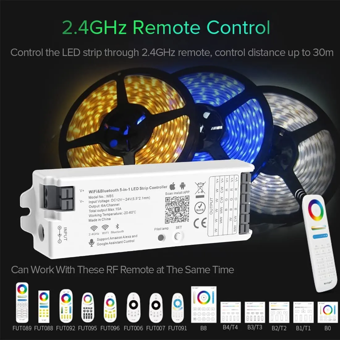 BTF-LIGHTING 5in1 WB5 2.4GHz WiFi LED Controller Compatible with Alexa Google Home Smart Life APP/Tuya Smart APP Control for Monochrome RGB RGBW WW CW RGBCCT LED Strip