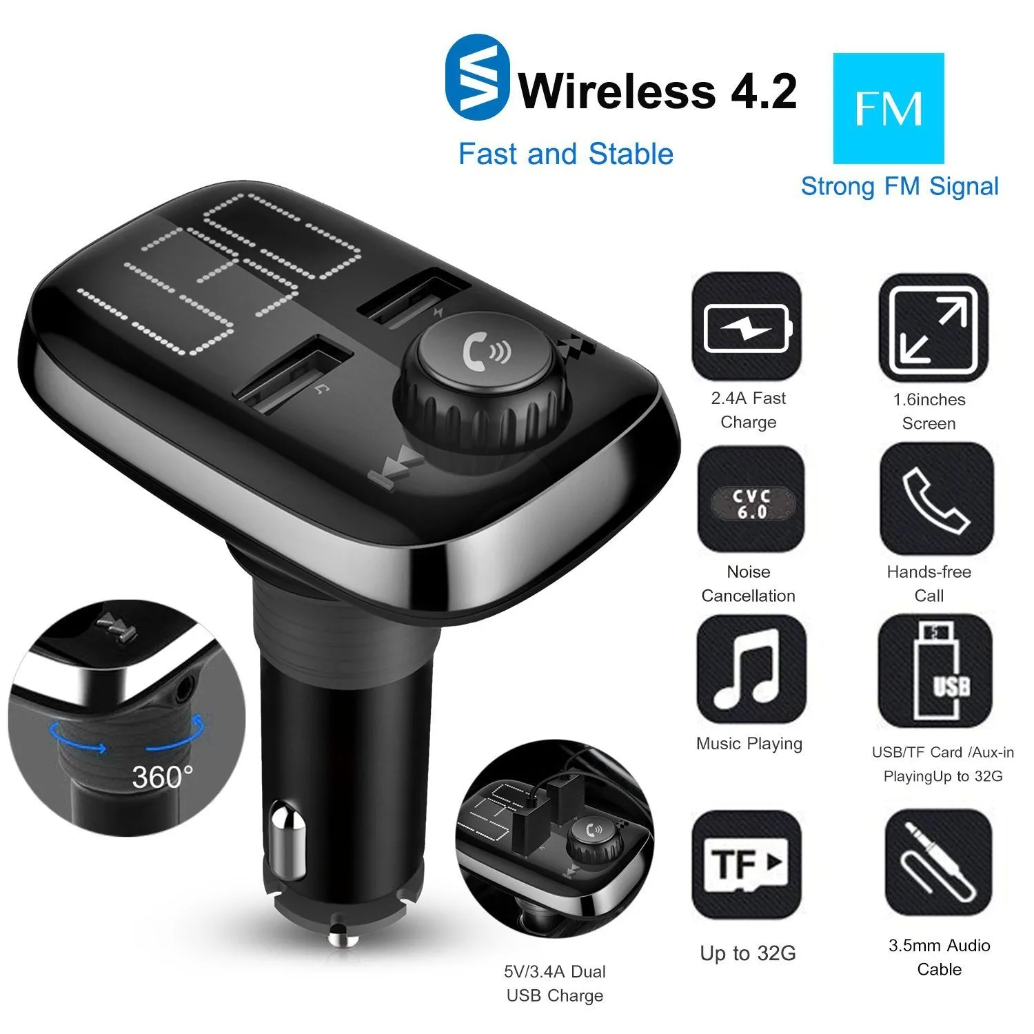 Car Wireless FM Transmitter Dual USB Charger