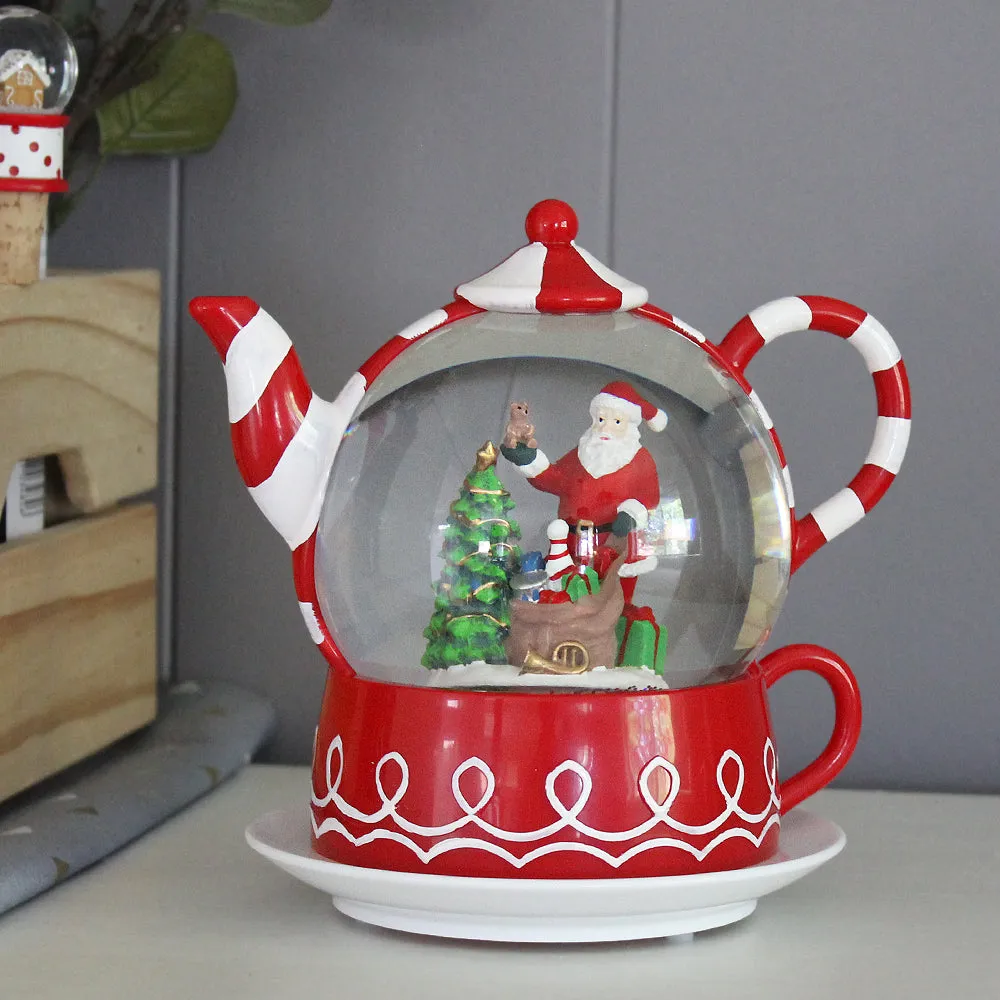 Christmas Musical Water Lantern Teapot Snowglobe with Swirling Confetti