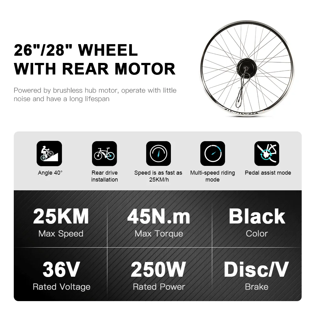 E-Bike Conversion Kit 36V 250W 26"/28" (700C) Rear Freewheel Motor Kit Bicycle E-Bike Hub Motor