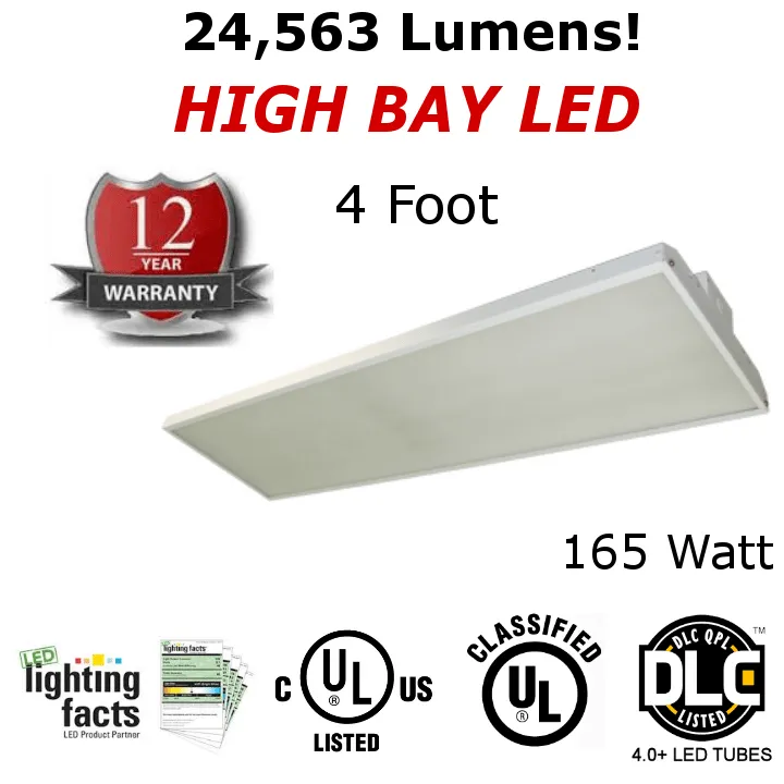 HIGH BAY LED LIGHTING (4 Foot) 165 Watt - 24,563 Lumen - 5000K - DLC Listed - 12 Year Warranty