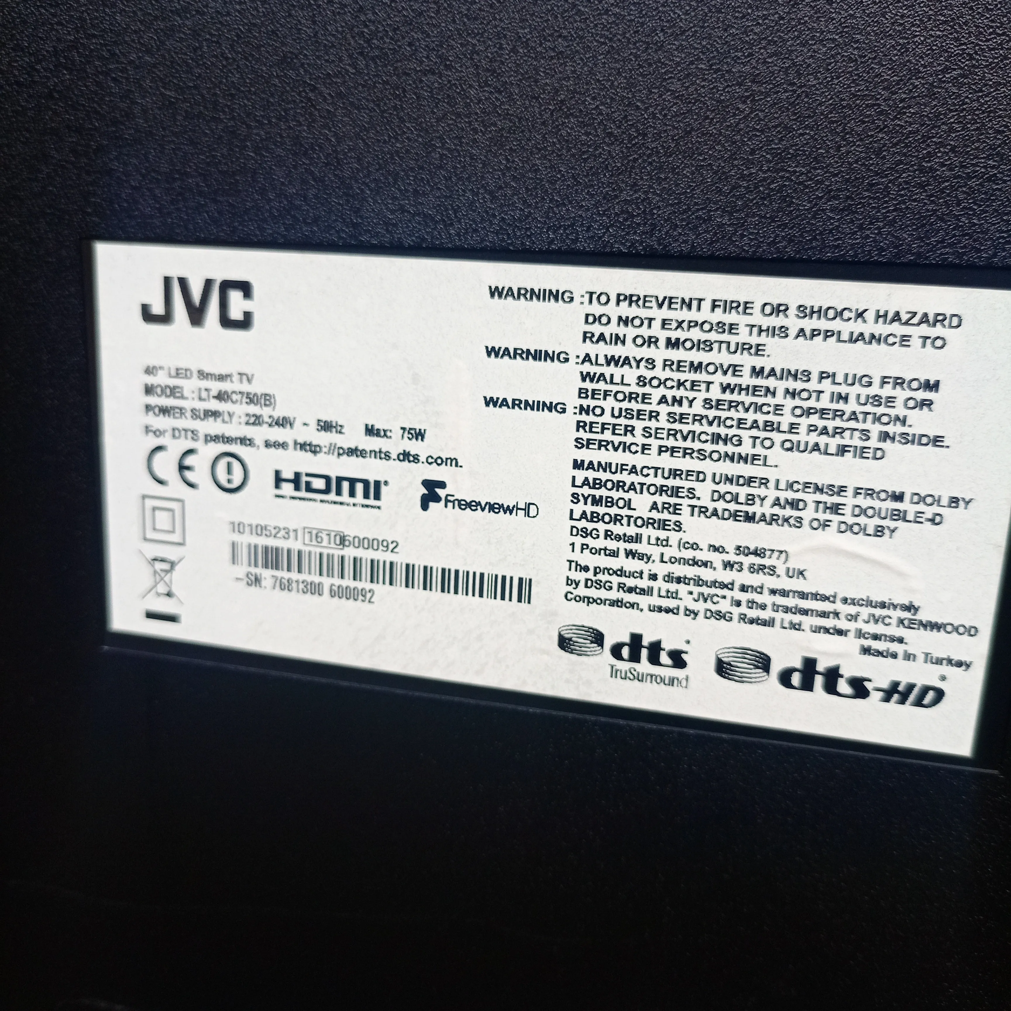 JVC 40 Inch LT-40C750 Built-in WiFi Smart Full HD LED TV   Netflix, YouTube - London Used