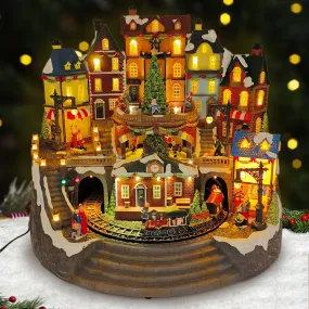 Large Animated Christmas Village Train Station Building Xmas Tree Musical LED Light-up