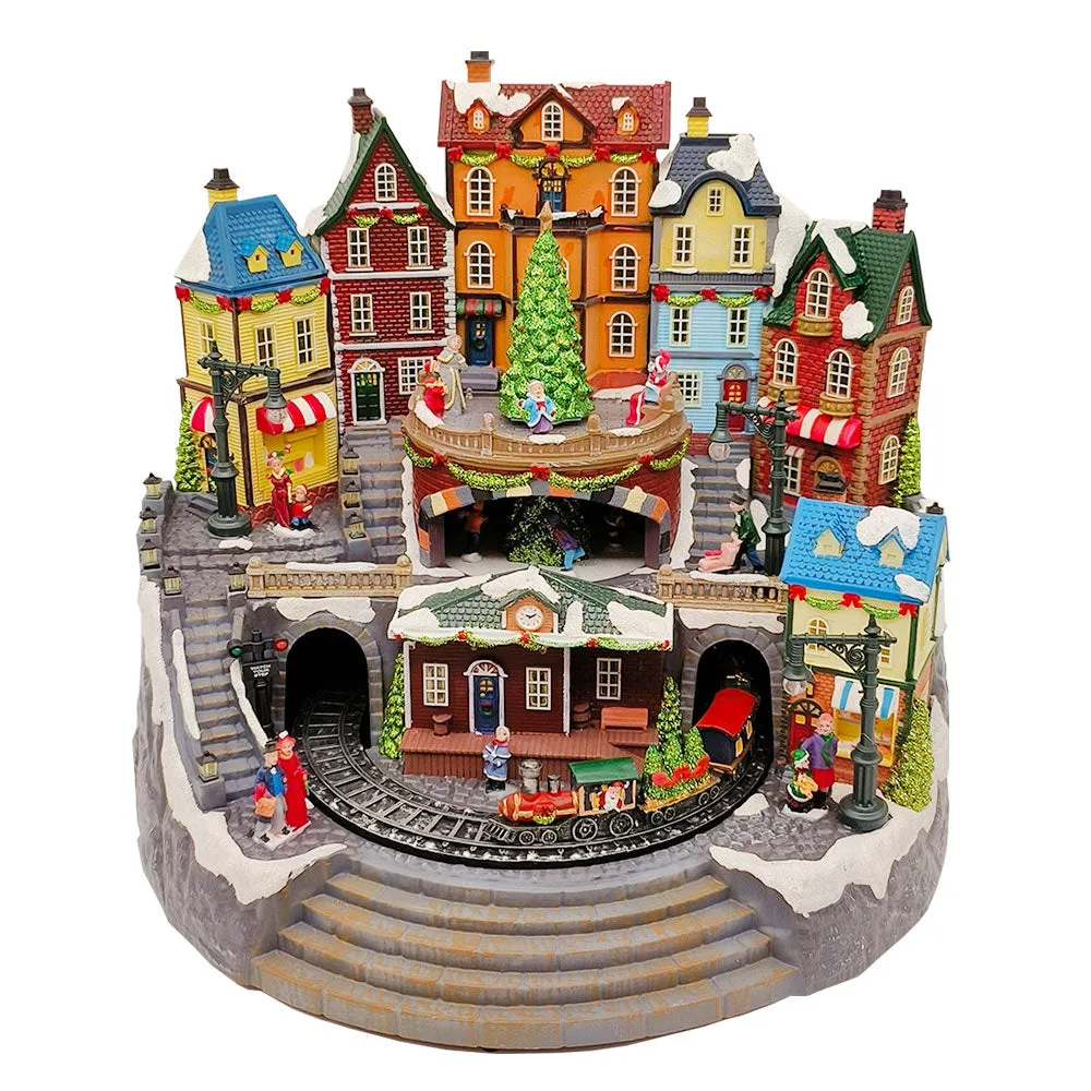 Large Animated Christmas Village Train Station Building Xmas Tree Musical LED Light-up