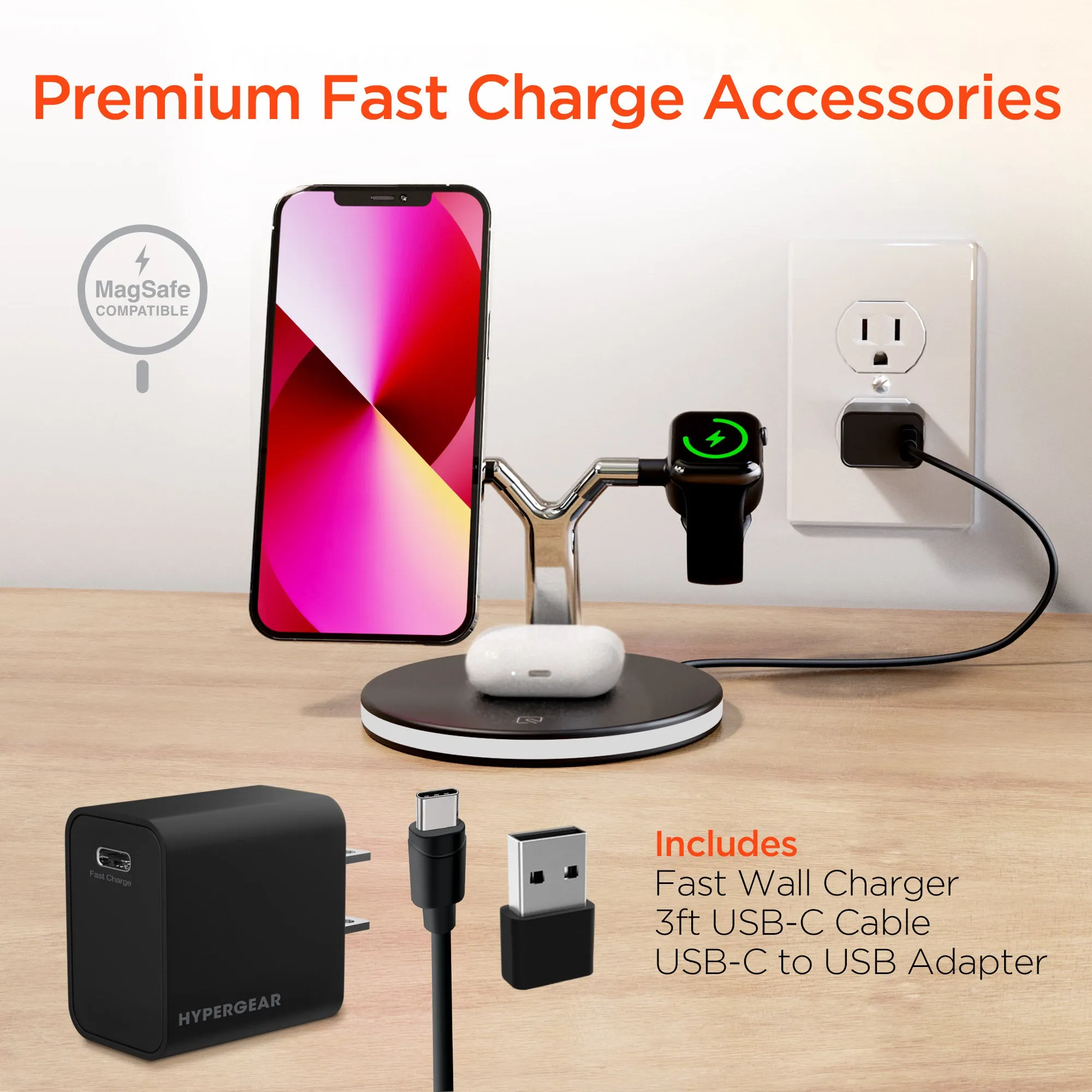 MaxCharge 3-in-1 Wireless Charging Stand with 15W Magnetic Wireless Fast Charge | Black