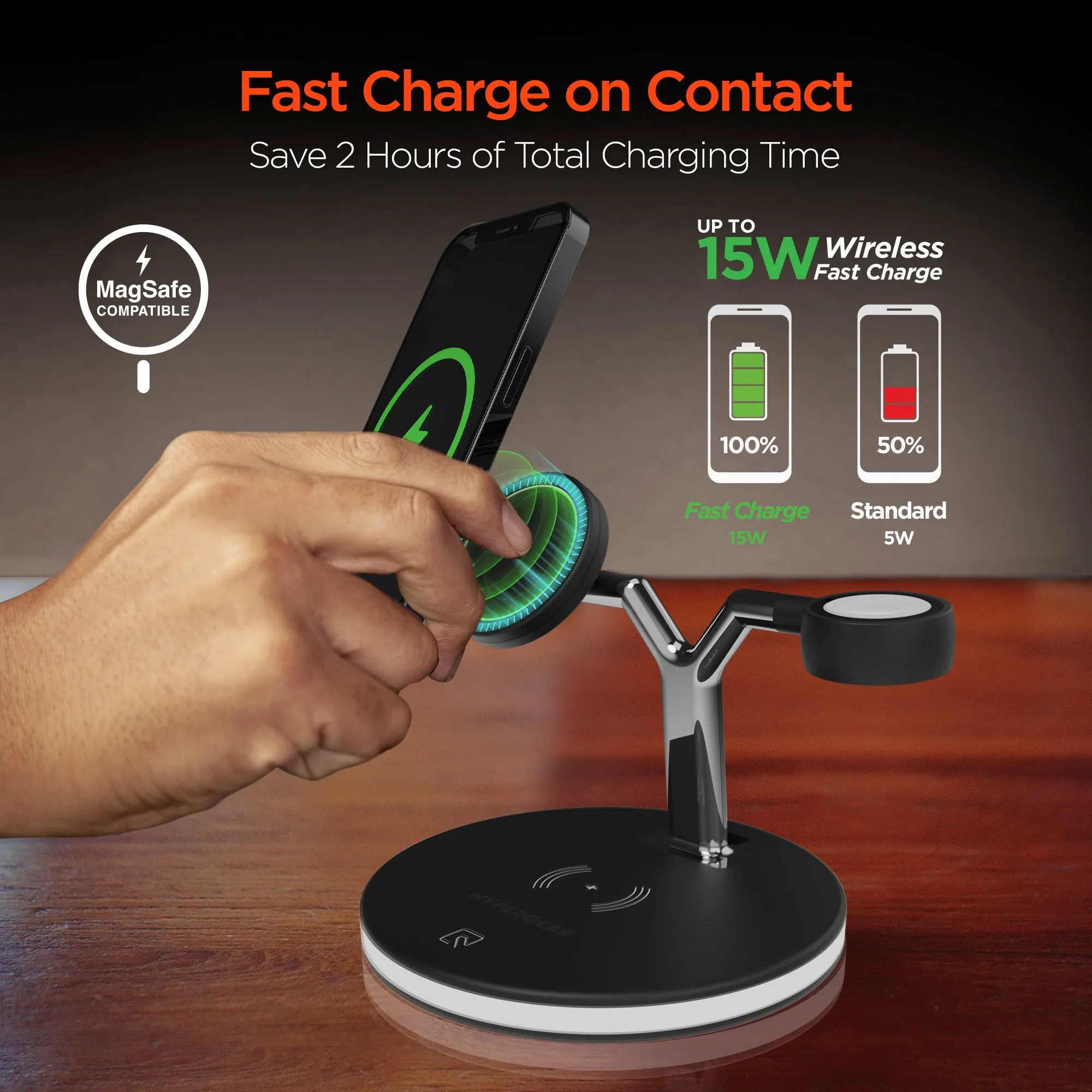 MaxCharge 3-in-1 Wireless Charging Stand with 15W Magnetic Wireless Fast Charge | Black