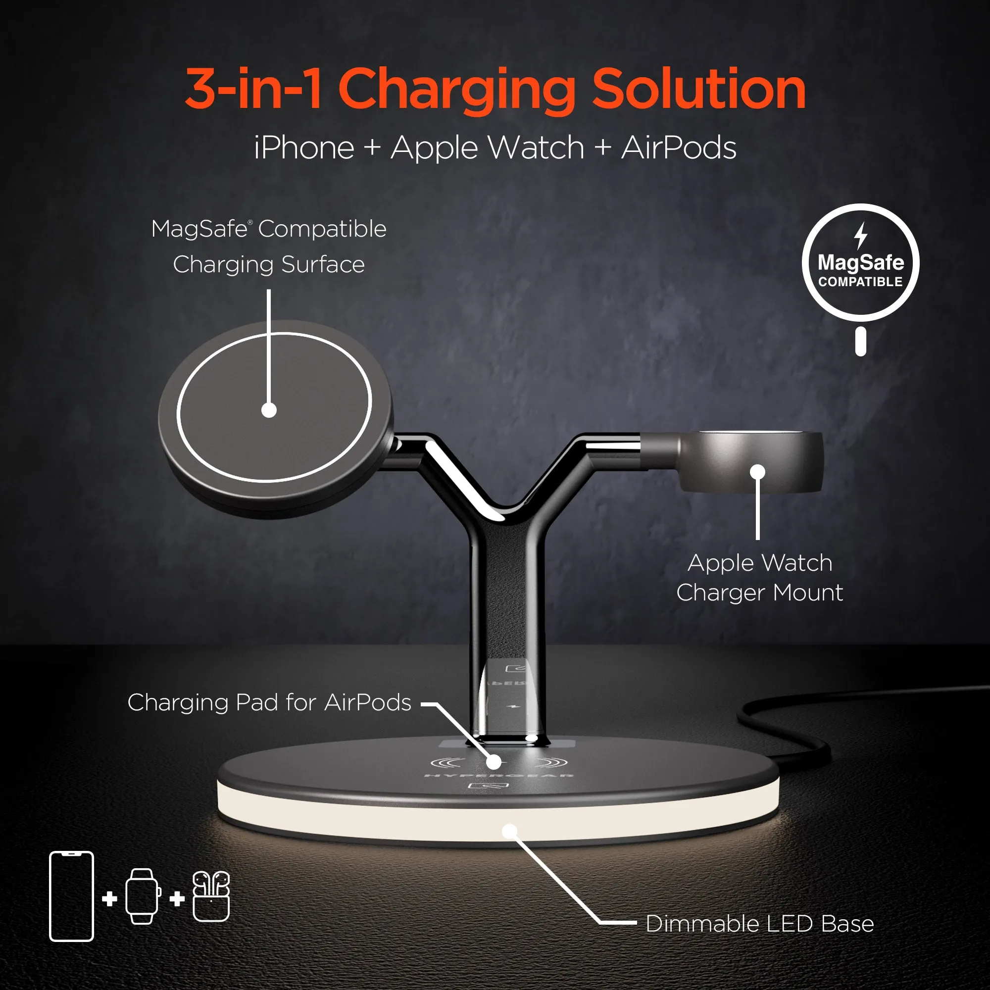 MaxCharge 3-in-1 Wireless Charging Stand with 15W Magnetic Wireless Fast Charge | Black