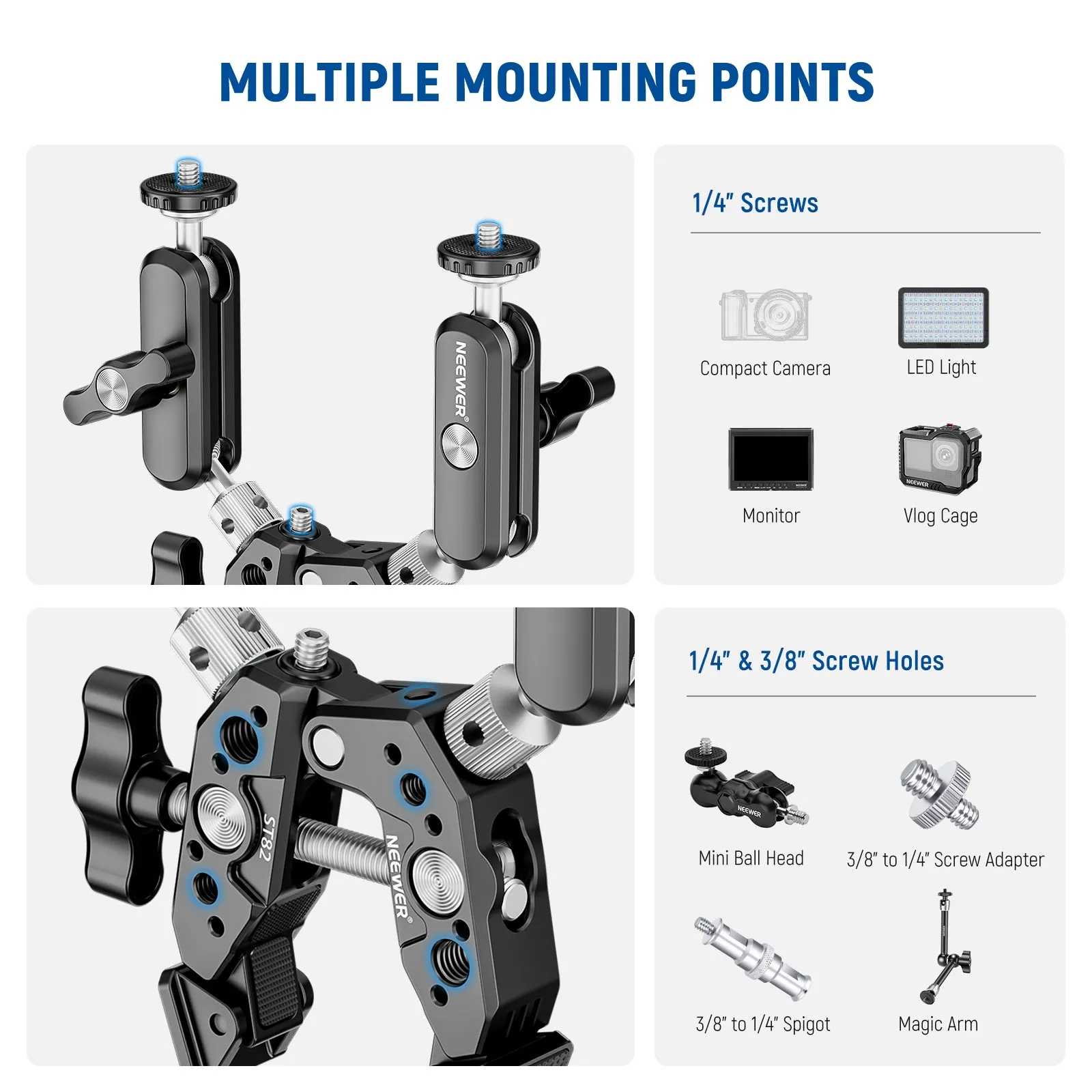 NEEWER ST89 Heavy Duty Super Clamp with Two 360° Dual Ball Head Magic Arms