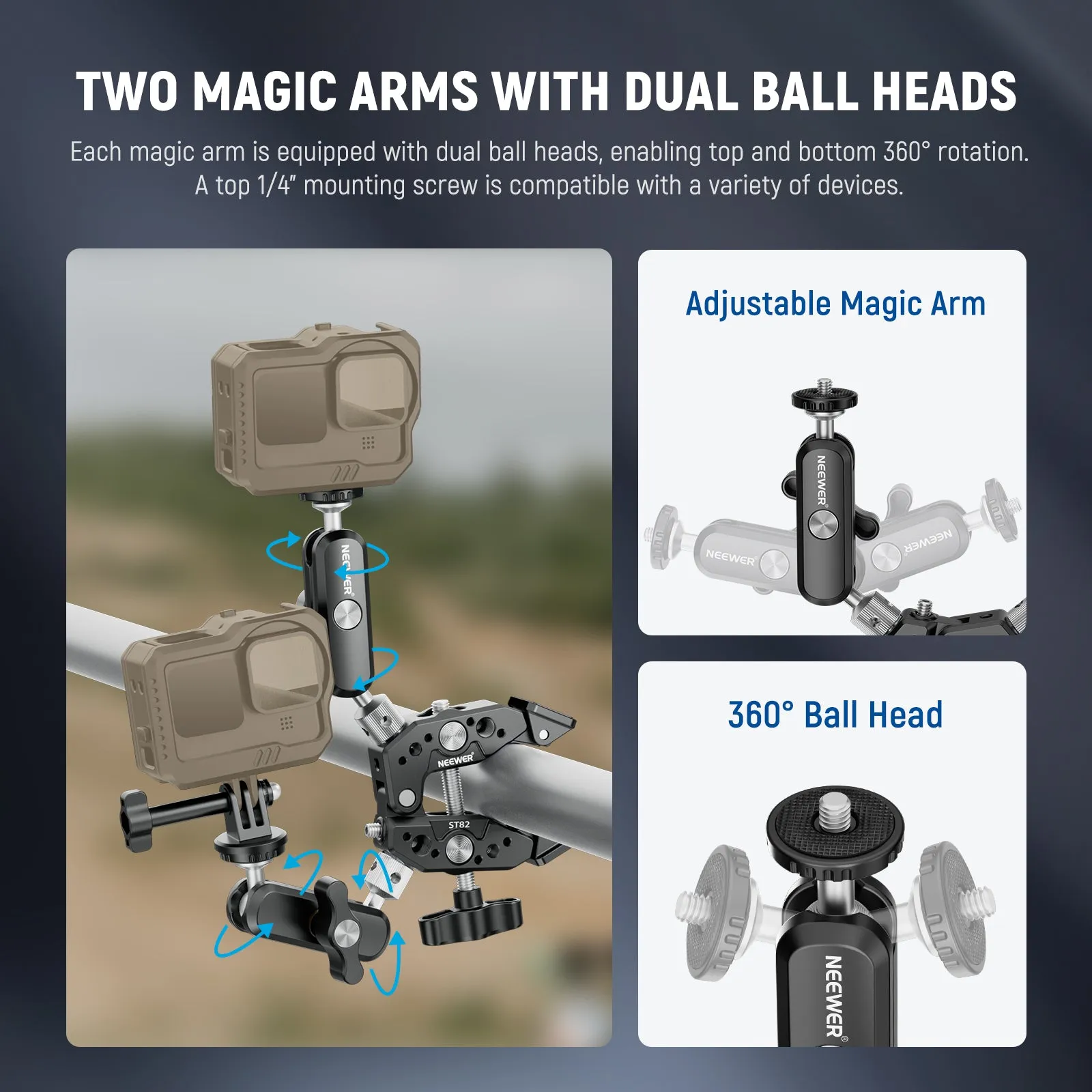 NEEWER ST89 Heavy Duty Super Clamp with Two 360° Dual Ball Head Magic Arms