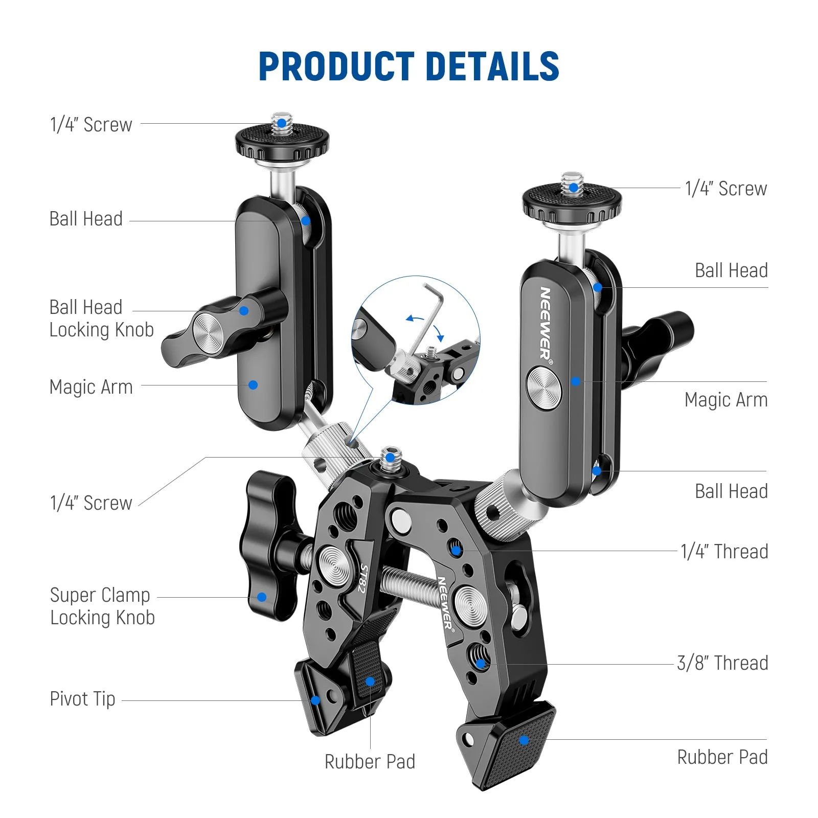 NEEWER ST89 Heavy Duty Super Clamp with Two 360° Dual Ball Head Magic Arms