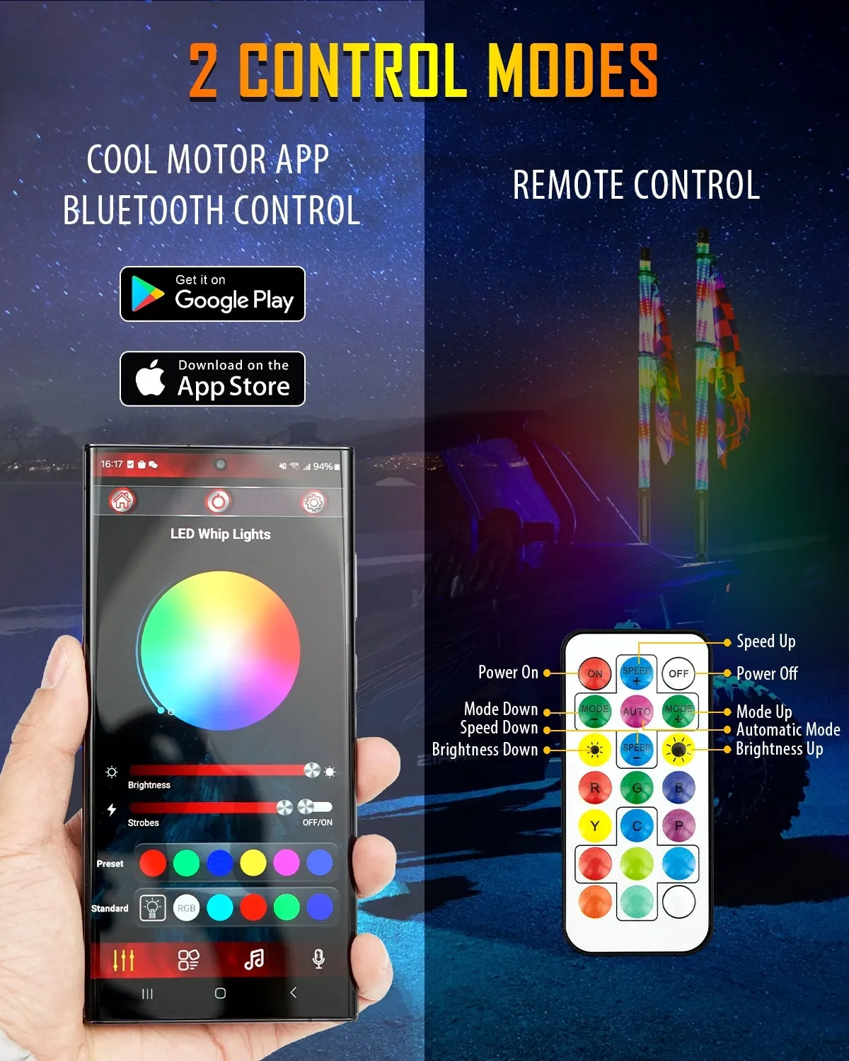 New 2.8FT LED RGB Whip Lights with Turn Signal & Brake Light, Bluetooth APP/ Remote Control