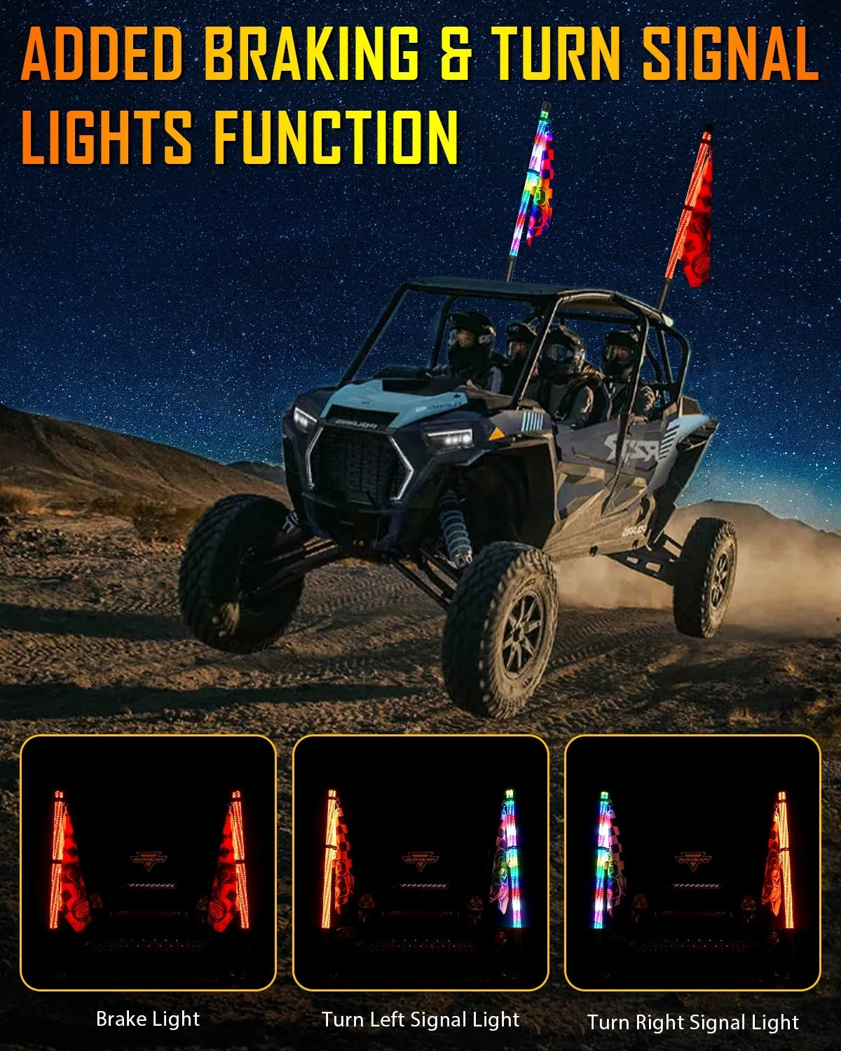 New 2.8FT LED RGB Whip Lights with Turn Signal & Brake Light, Bluetooth APP/ Remote Control