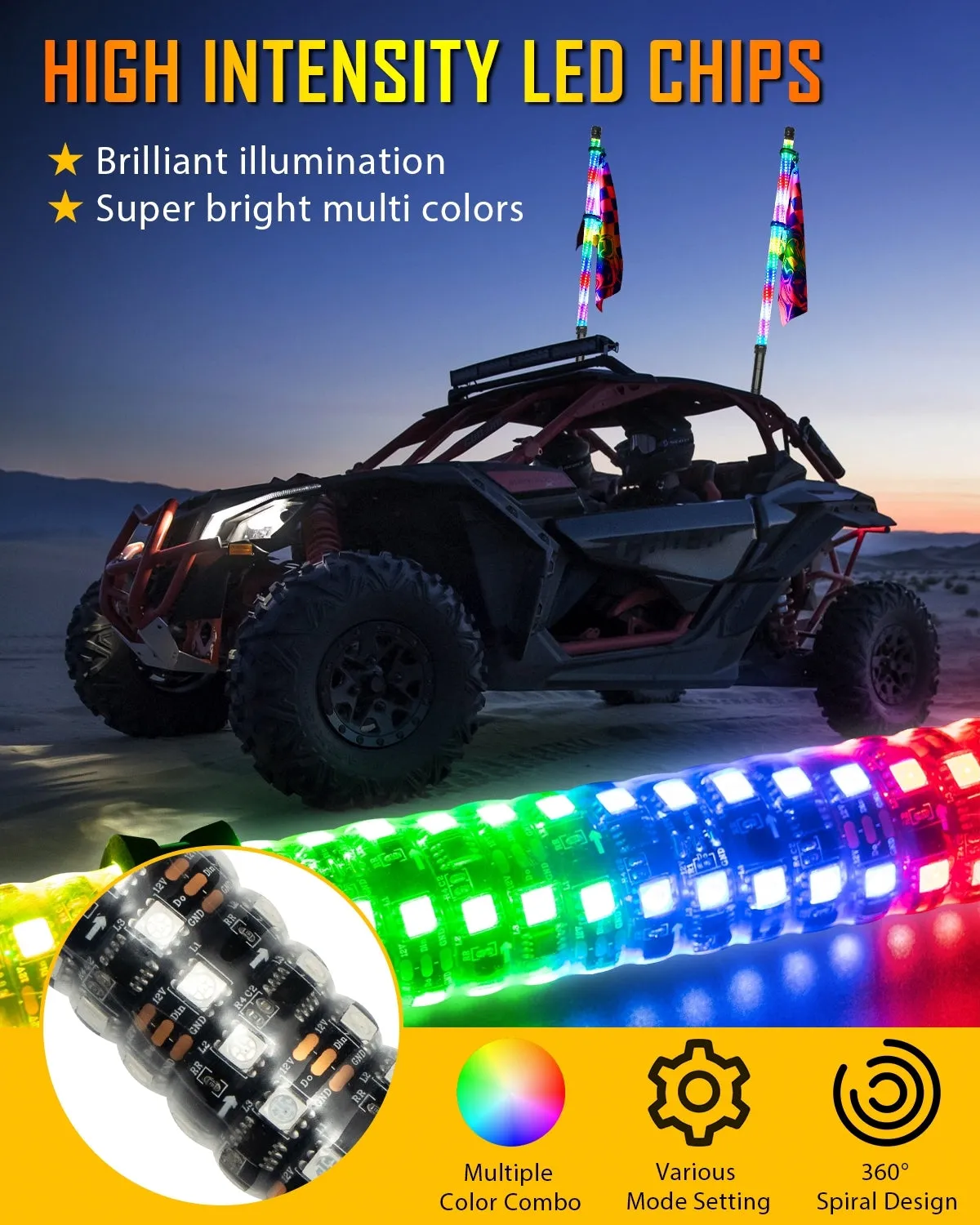 New 2.8FT LED RGB Whip Lights with Turn Signal & Brake Light, Bluetooth APP/ Remote Control