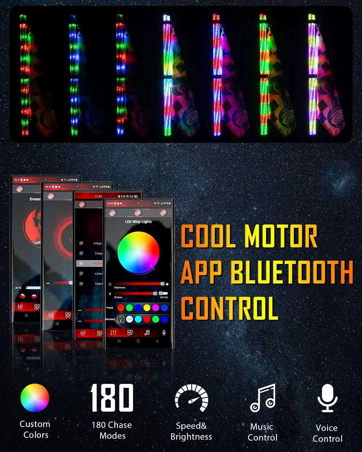 New 2.8FT LED RGB Whip Lights with Turn Signal & Brake Light, Bluetooth APP/ Remote Control