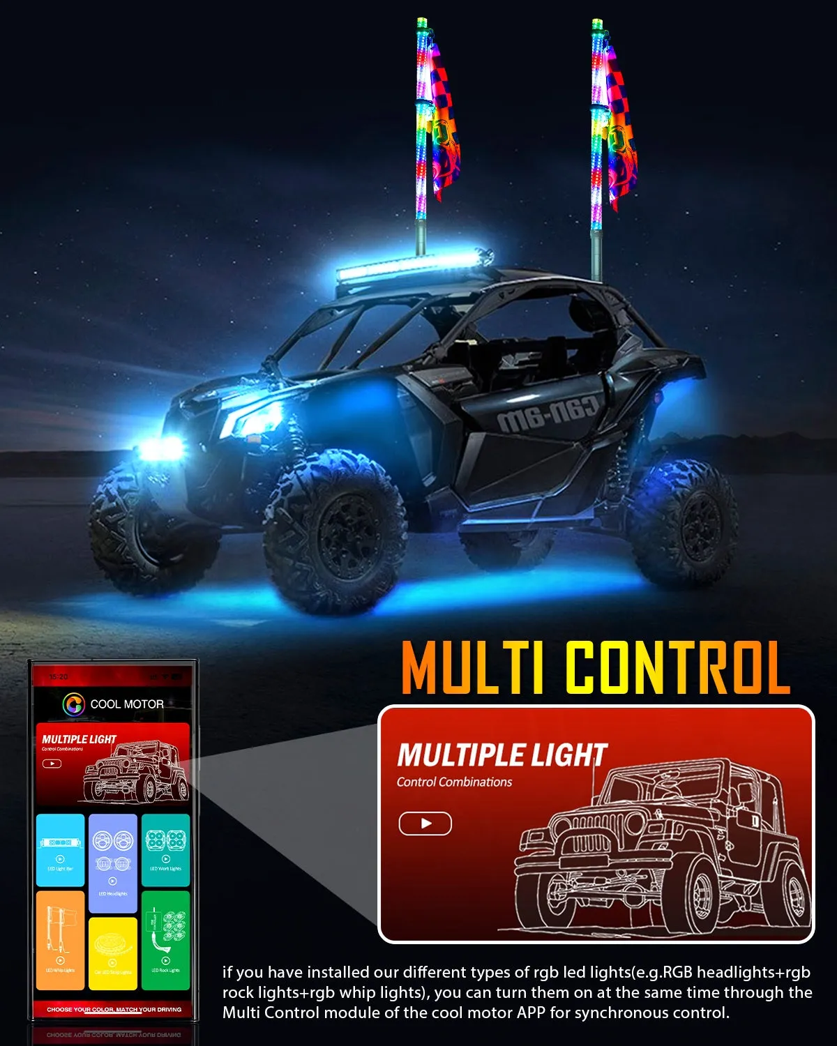 New 2.8FT LED RGB Whip Lights with Turn Signal & Brake Light, Bluetooth APP/ Remote Control