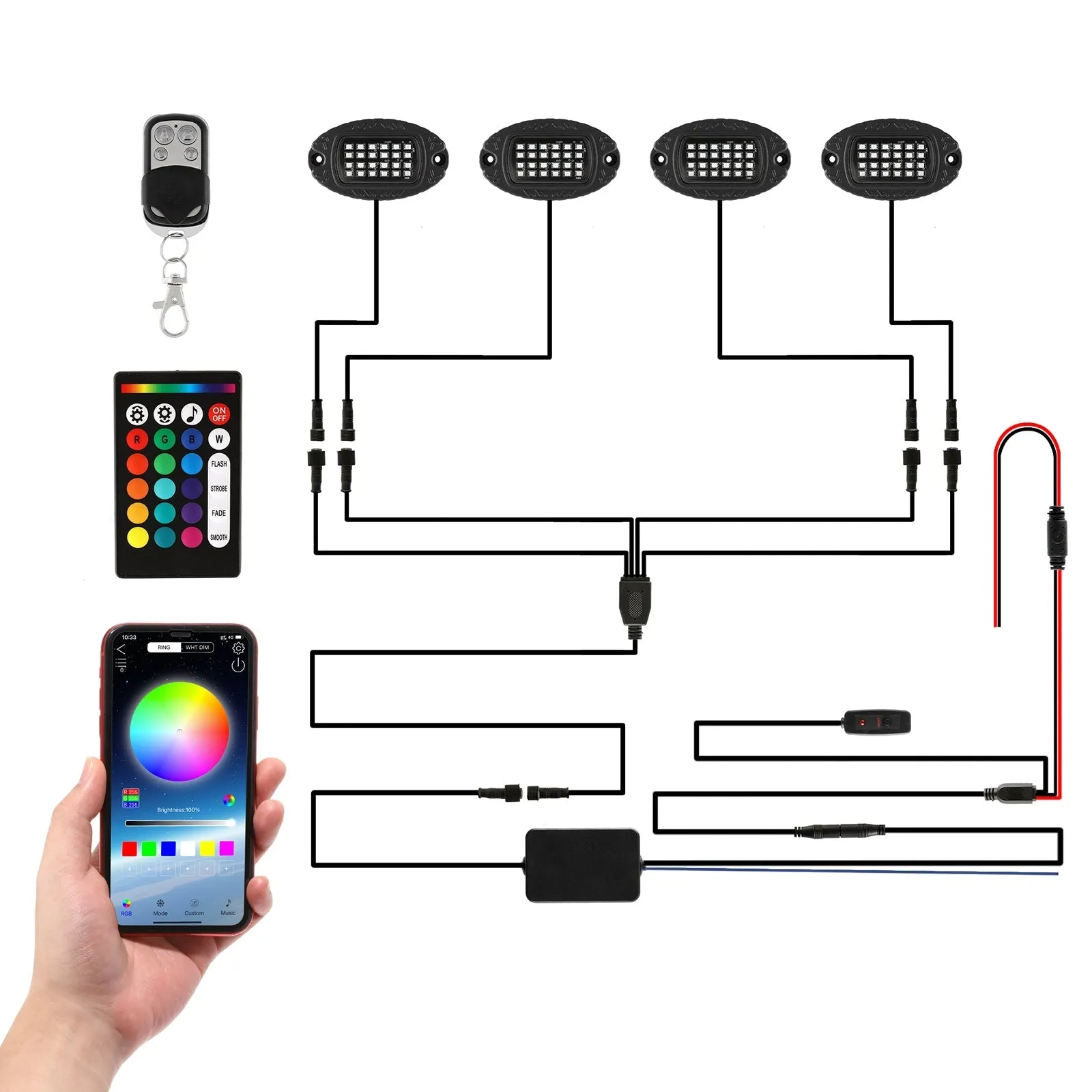 RGBW LED Rock Lights Kit with Bluetooth APP & Wireless Remote Control, Multicolor Neon Underglow Lights with Brake Light function for ATV UTV