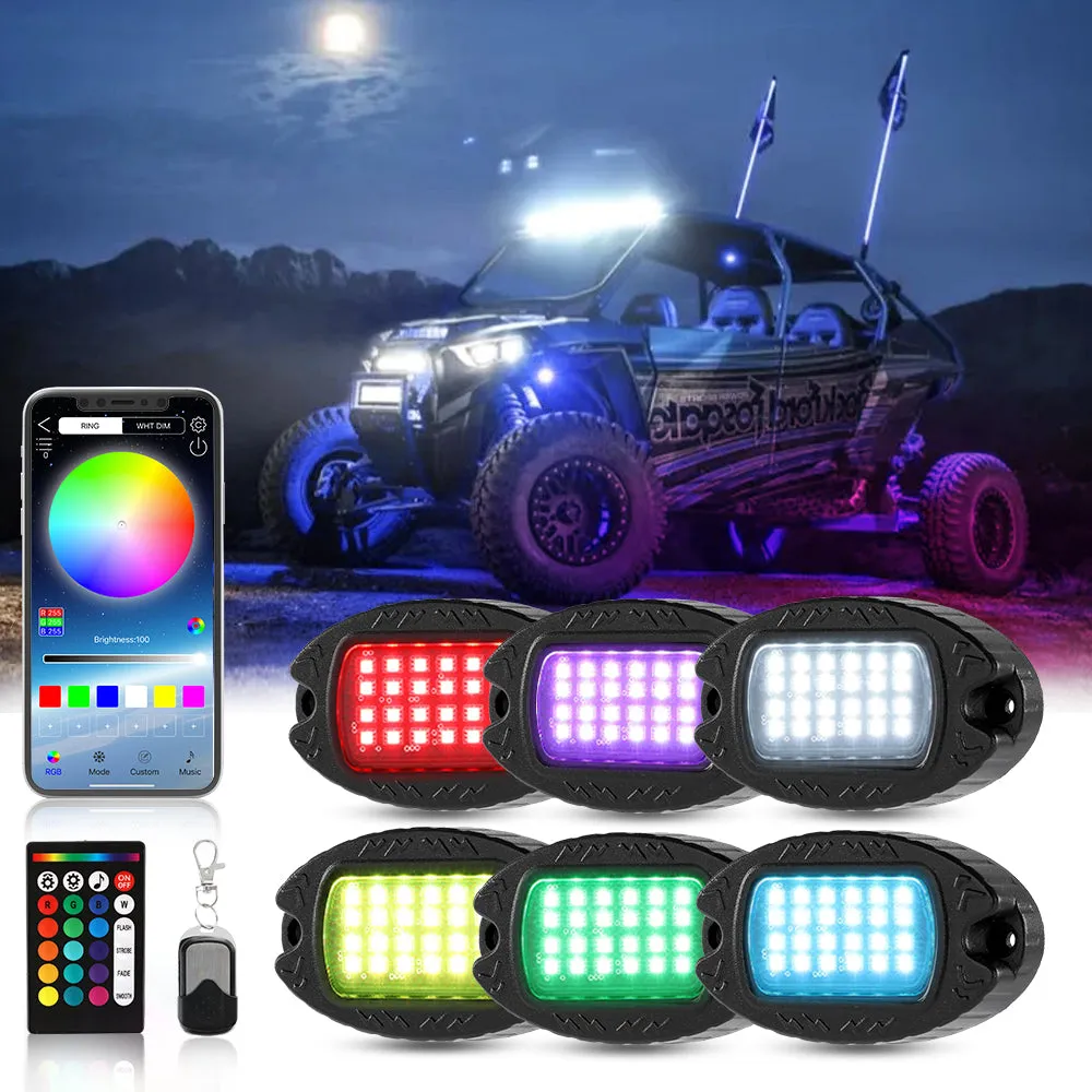 RGBW LED Rock Lights Kit with Bluetooth APP & Wireless Remote Control, Multicolor Neon Underglow Lights with Brake Light function for ATV UTV