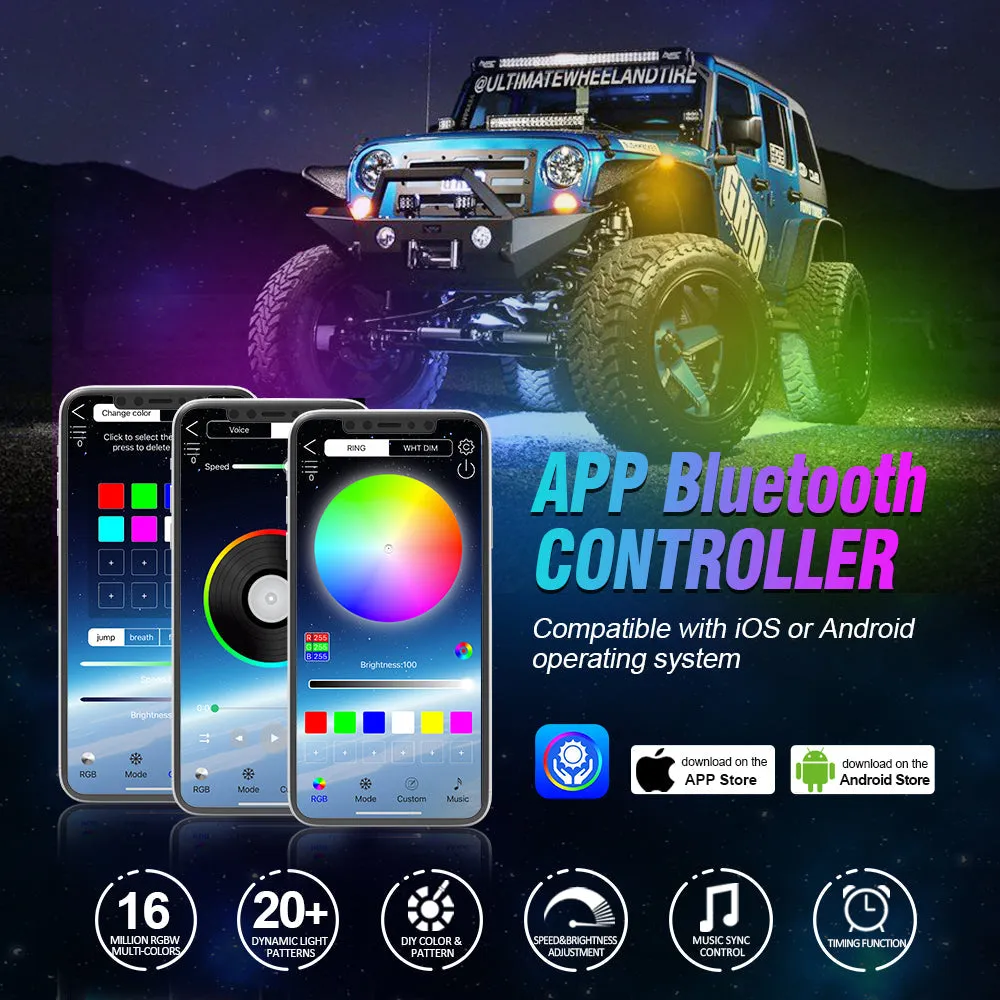 RGBW LED Rock Lights Kit with Bluetooth APP & Wireless Remote Control, Multicolor Neon Underglow Lights with Brake Light function for ATV UTV