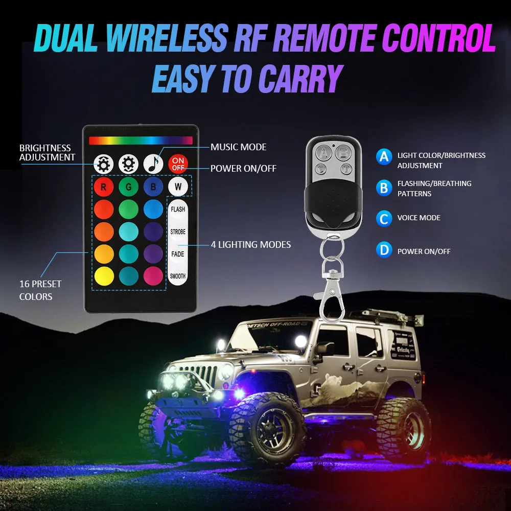 RGBW LED Rock Lights Kit with Bluetooth APP & Wireless Remote Control, Multicolor Neon Underglow Lights with Brake Light function for ATV UTV