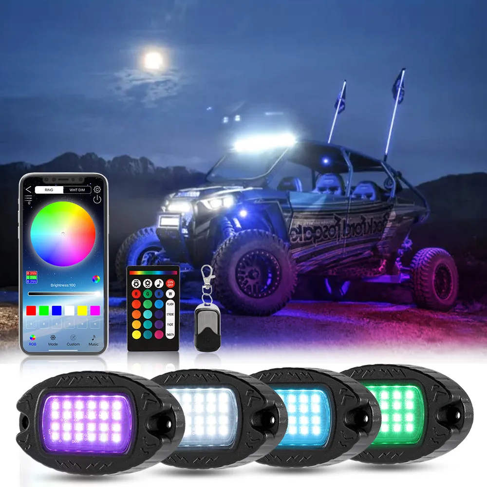 RGBW LED Rock Lights Kit with Bluetooth APP & Wireless Remote Control, Multicolor Neon Underglow Lights with Brake Light function for ATV UTV