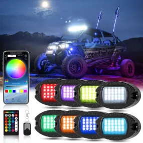 RGBW LED Rock Lights Kit with Bluetooth APP & Wireless Remote Control, Multicolor Neon Underglow Lights with Brake Light function for ATV UTV