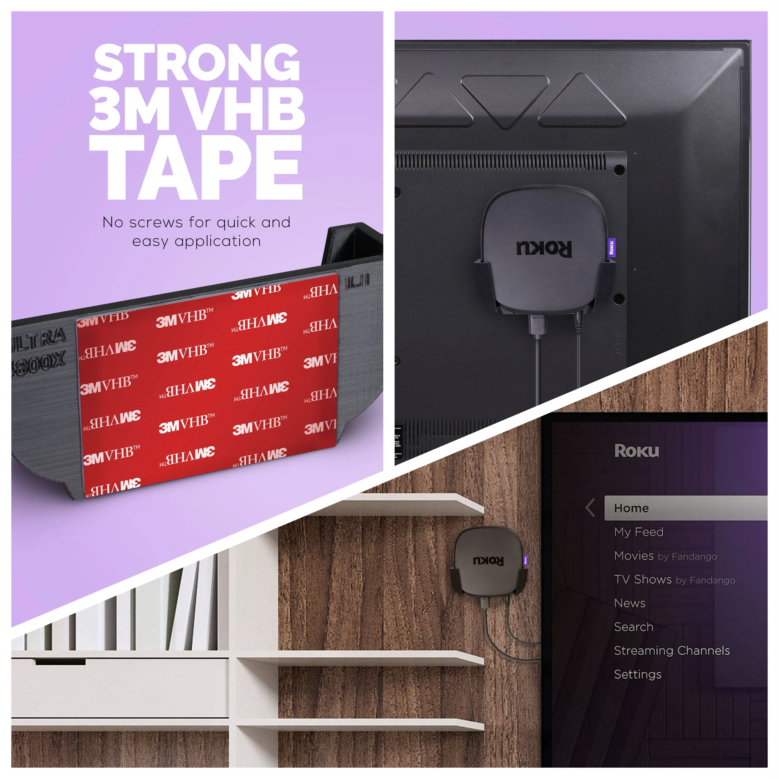 Roku Ultra 2020 Wall & TV Mount - Adhesive Holder, No Screws or Mess