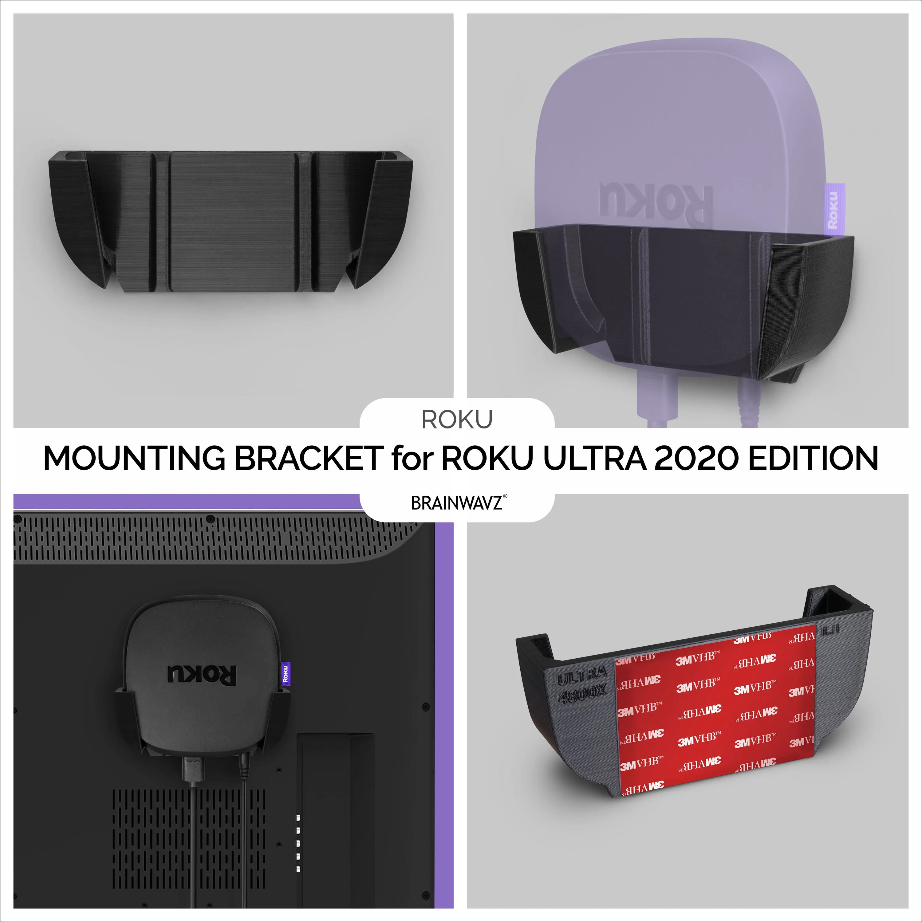 Roku Ultra 2020 Wall & TV Mount - Adhesive Holder, No Screws or Mess