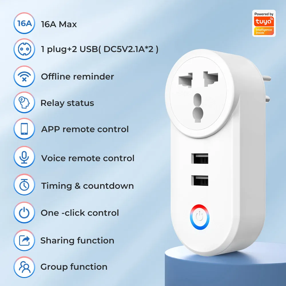 SMATRUL 16A Smart WiFi Bluetooth Plug with 2 USB Ports (2.4Ghz WiFi Only)