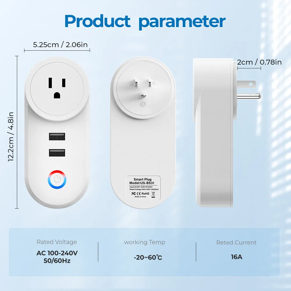 SMATRUL 16A Smart WiFi Bluetooth Plug with 2 USB Ports (2.4Ghz WiFi Only)