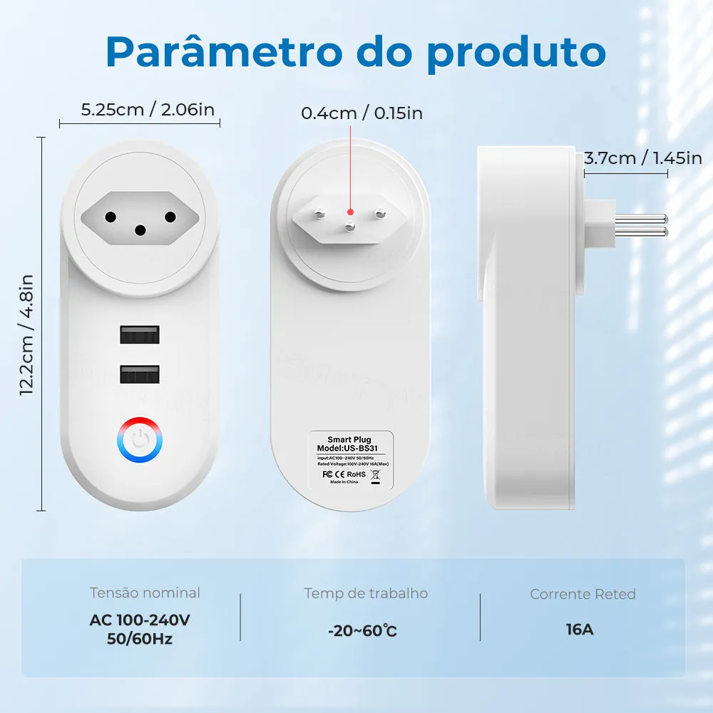 SMATRUL 16A Smart WiFi Bluetooth Plug with 2 USB Ports (2.4Ghz WiFi Only)