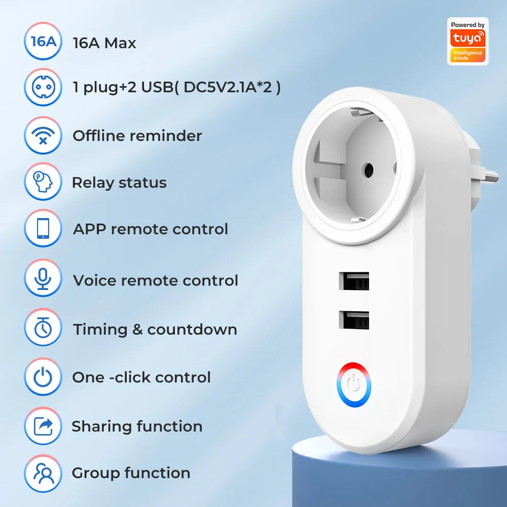 SMATRUL 16A Smart WiFi Bluetooth Plug with 2 USB Ports (2.4Ghz WiFi Only)