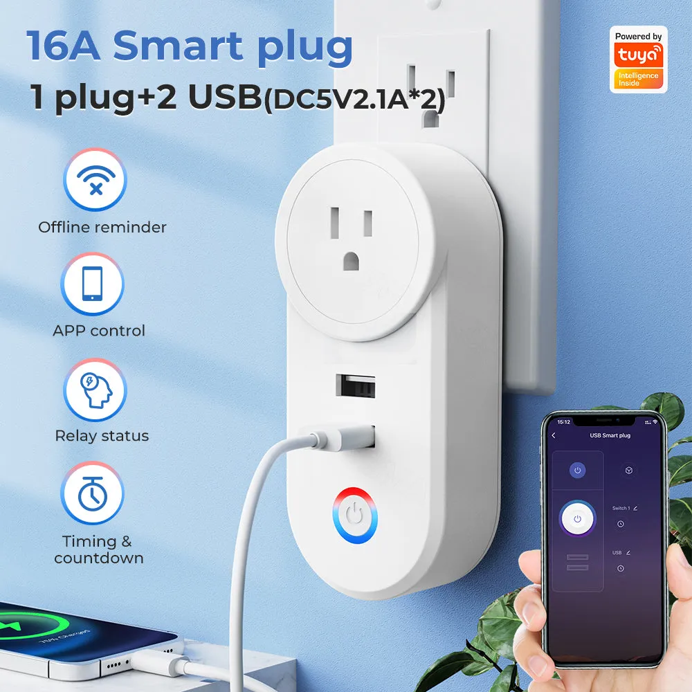 SMATRUL 16A Smart WiFi Bluetooth Plug with 2 USB Ports (2.4Ghz WiFi Only)