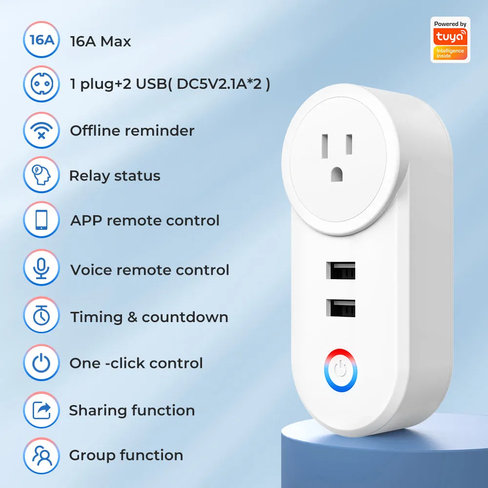 SMATRUL 16A Smart WiFi Bluetooth Plug with 2 USB Ports (2.4Ghz WiFi Only)