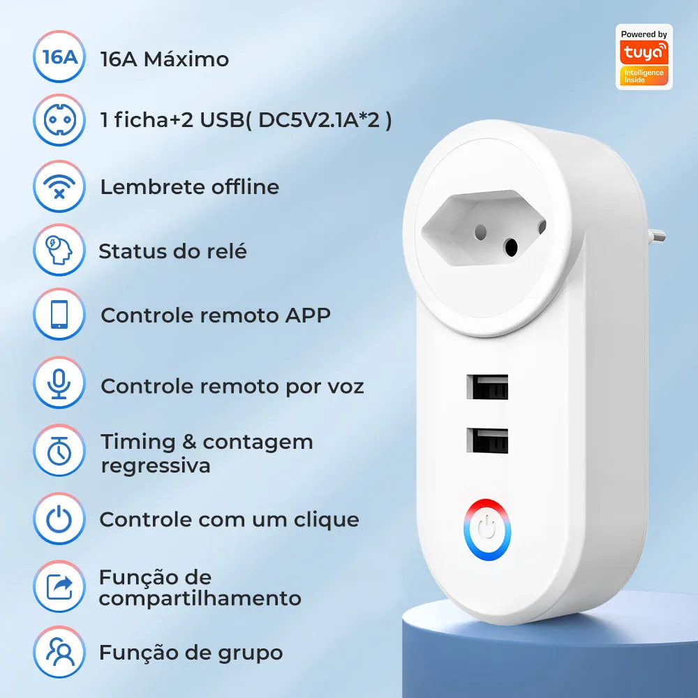 SMATRUL 16A Smart WiFi Bluetooth Plug with 2 USB Ports (2.4Ghz WiFi Only)