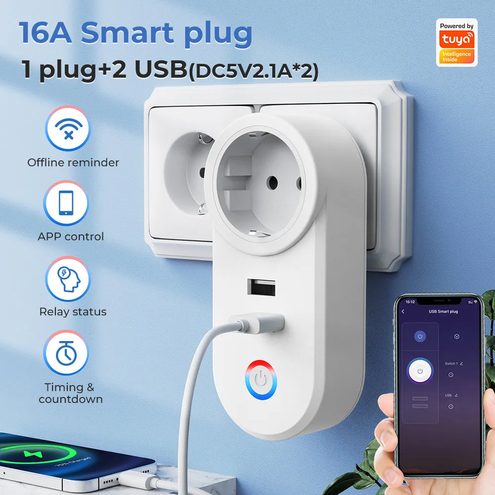 SMATRUL 16A Smart WiFi Bluetooth Plug with 2 USB Ports (2.4Ghz WiFi Only)