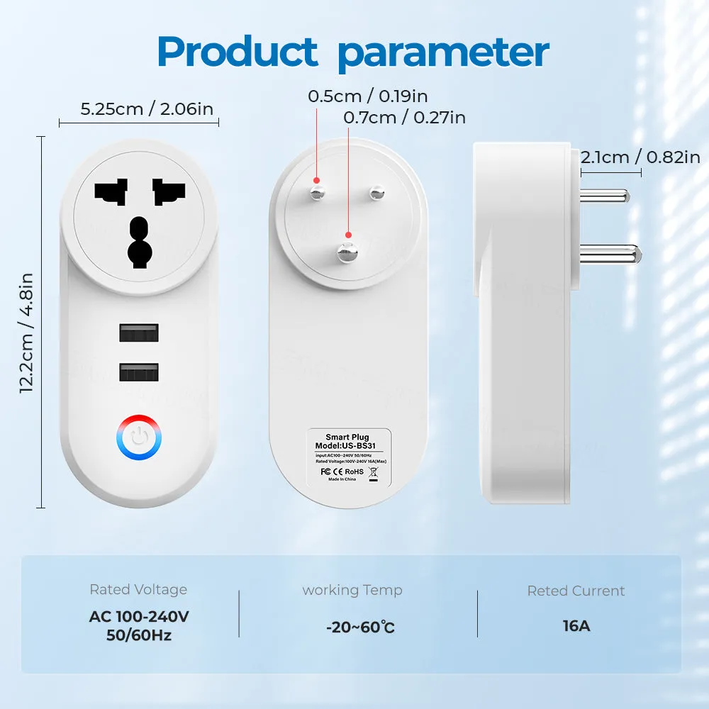 SMATRUL 16A Smart WiFi Bluetooth Plug with 2 USB Ports (2.4Ghz WiFi Only)