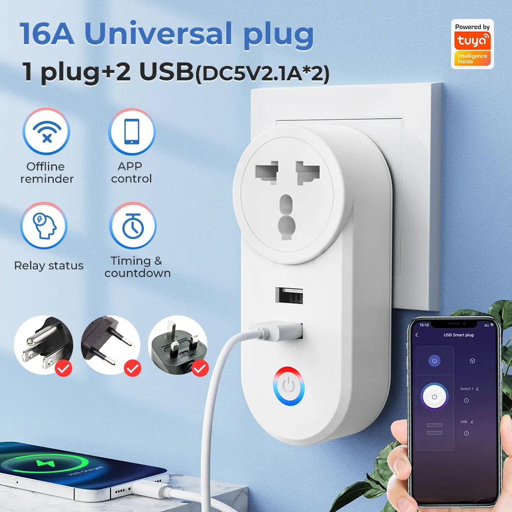 SMATRUL 16A Smart WiFi Bluetooth Plug with 2 USB Ports (2.4Ghz WiFi Only)