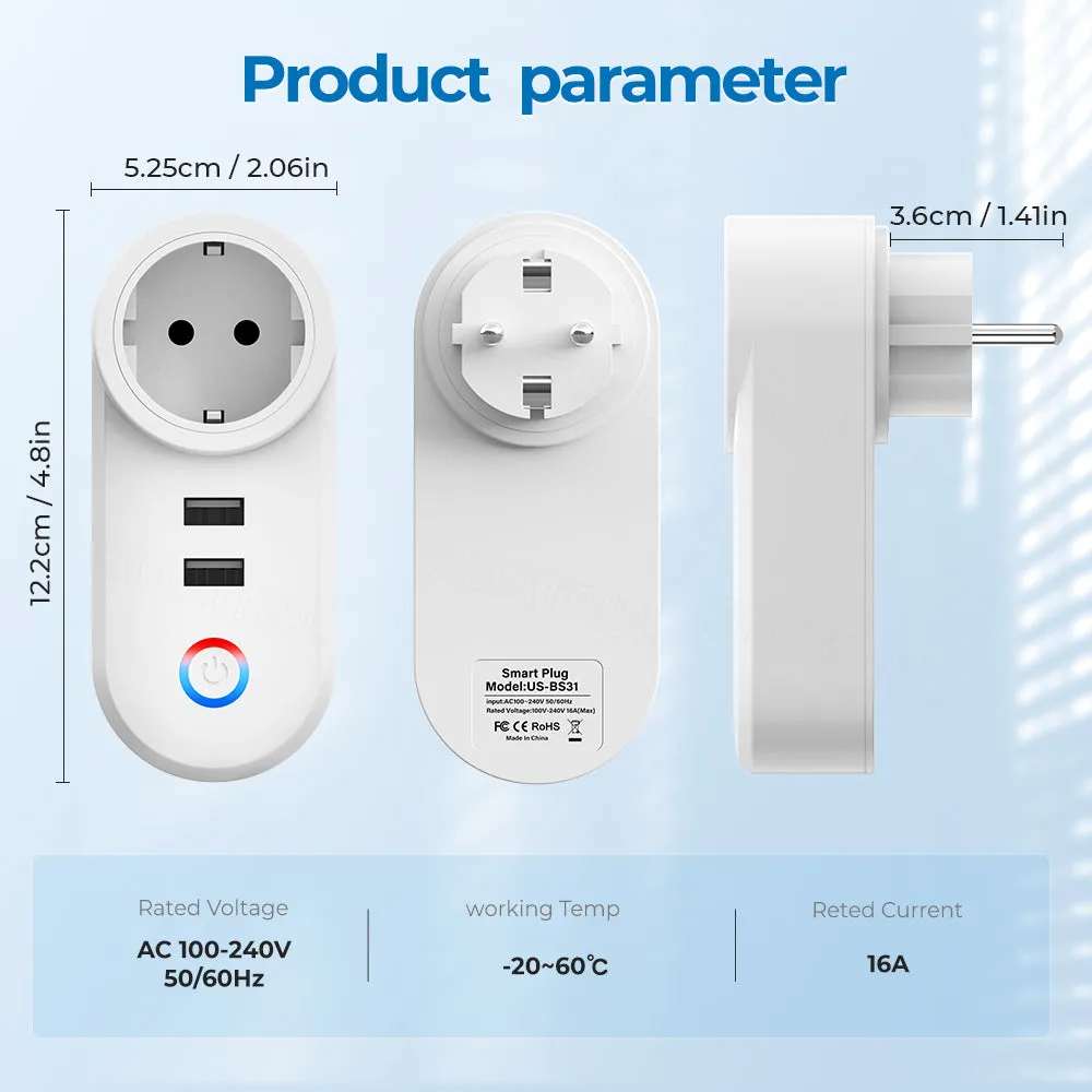 SMATRUL 16A Smart WiFi Bluetooth Plug with 2 USB Ports (2.4Ghz WiFi Only)